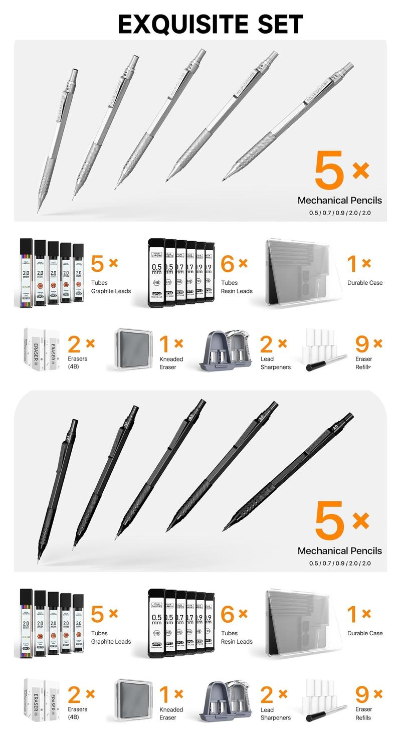 Four Candies Back to School 5PCS Metal Art Mechanical Pencil Set 3PCS Drafting Pencils 0.5 0.7 0.9MM & 2PCS 2MM with 420PCS Leads for Writing Sketching Drawing School Stationery Set