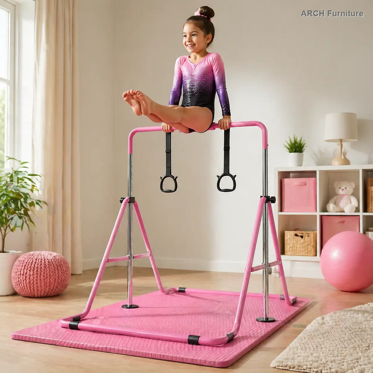 Kids Gymnastics Bar Adjustable Height Foldable Horizontal Training Bar with Mat for Home Practice, Indoor Gym Playroom Exercise Equipment, Junior Competition Horizontal Bar for Living Room, Bedroom, Office, Apartment, Living Room Table for