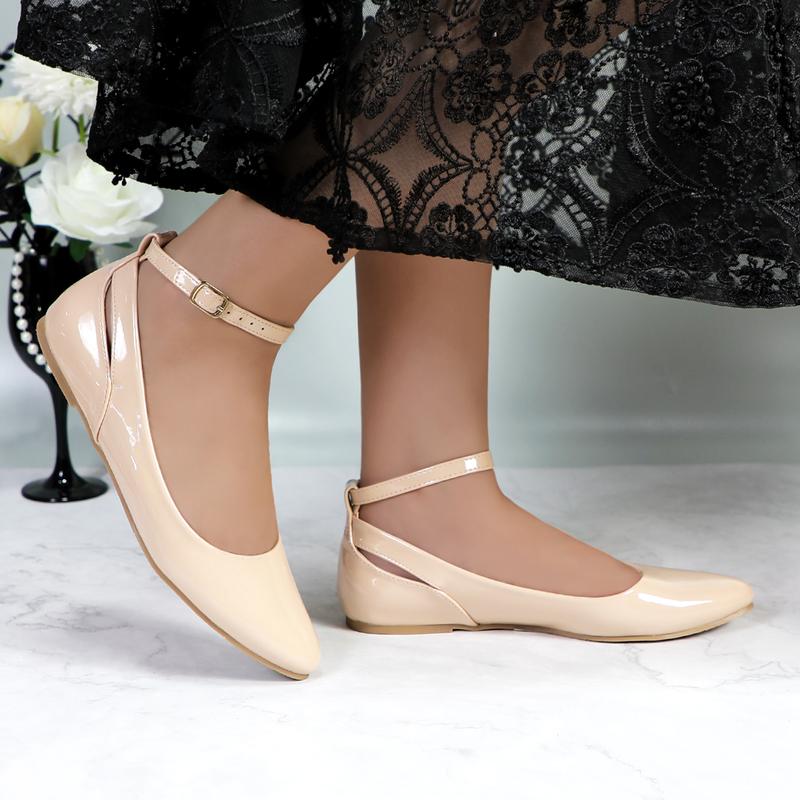 Women's Comfortable Ballet Flats Pointed Toe Patent Leather Ankle Strap with Buckle Elegant Lightweight Breathable Girl Casual Dress Flat Shoes Footwear For Work Office Daily Wear