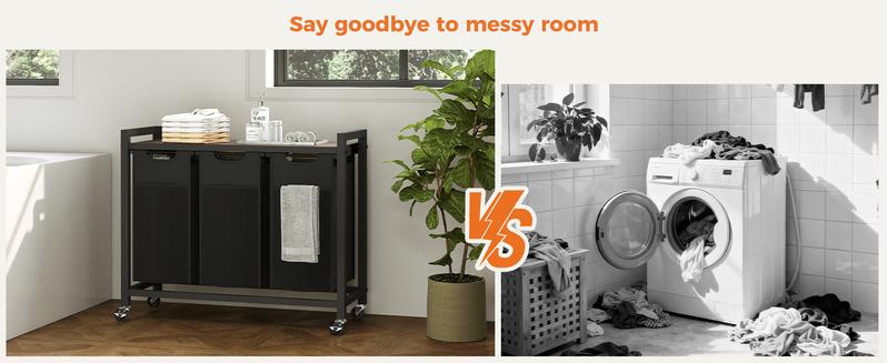 Laundry Hamper, Laundry Sorter with Shelf, Clothes Basket Organizer with 2 Pull-Out and Removable Bags, Movable Wheels for Laundry Room Bathroom Bedroom, Metal Frame, Black