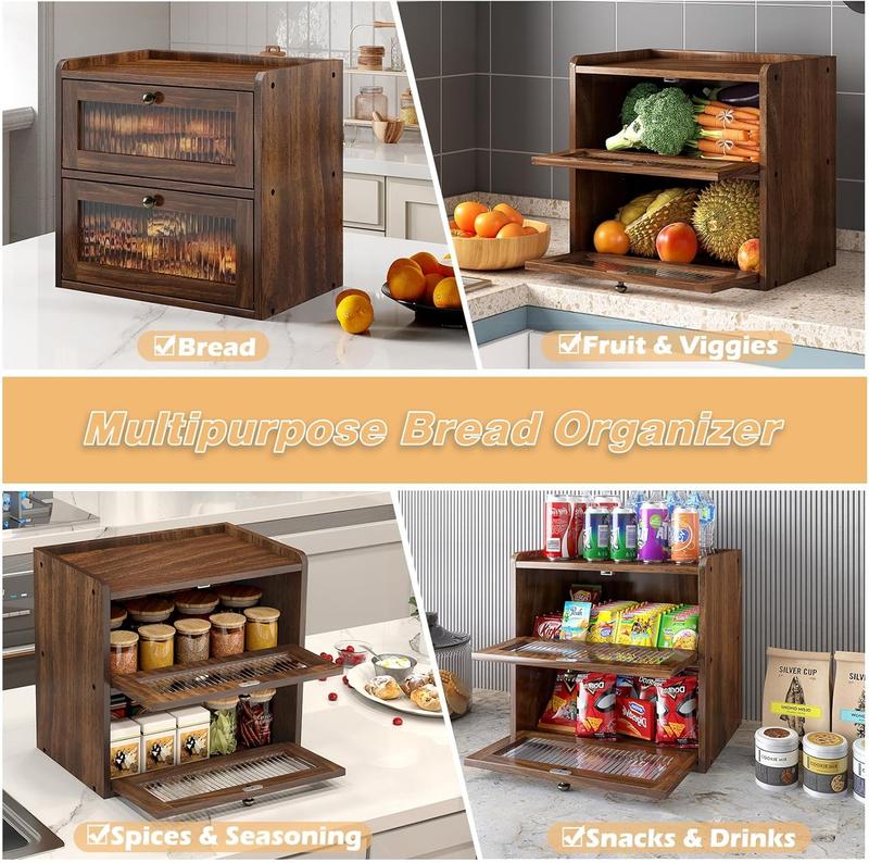 2-Tier Wooden Bread Box for Kitchen Countertop, Large Capacity Bread Storage Container with Clear Acrylic Window & Ventilation Holes, Brown Finish Bread Keeper for Loaves, Pastries & Baked Goods