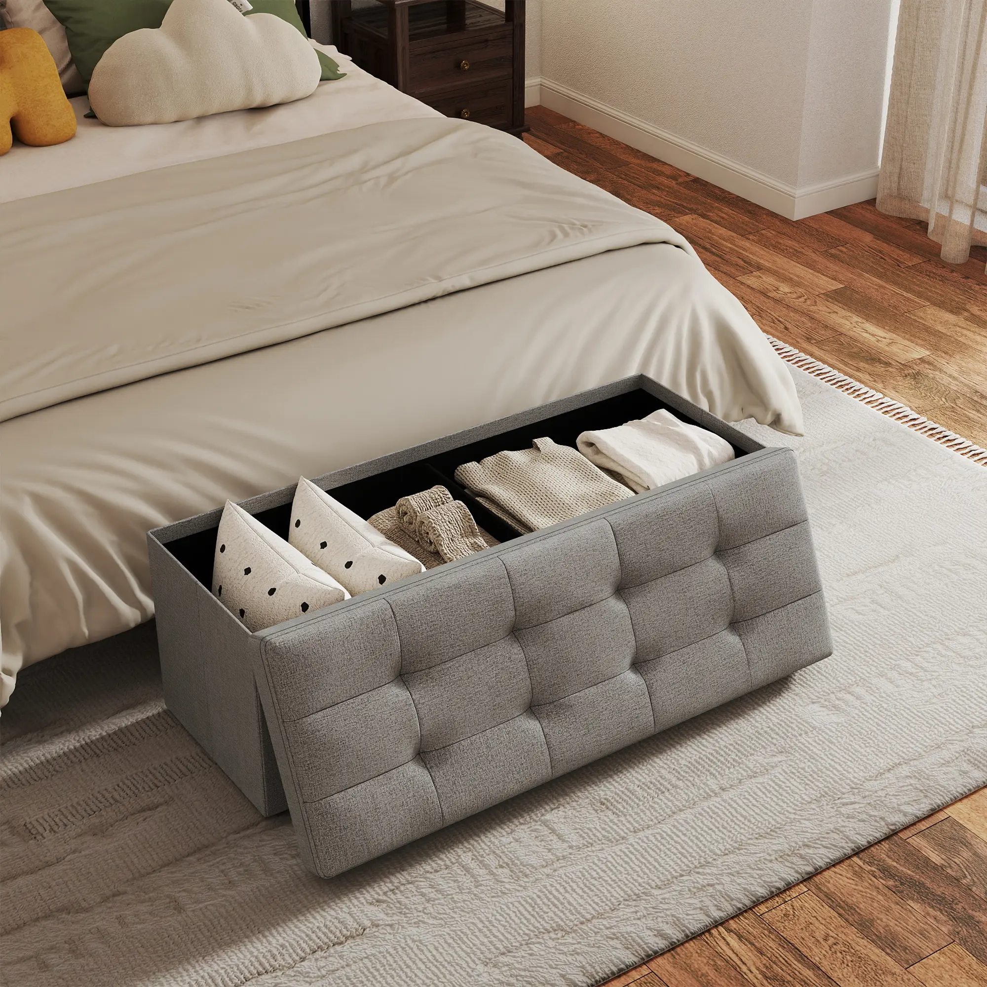 Tufted Upholstered Furniture Ottoman - 660 lbs Capacity, Padded Plush Fabric Seat, Multifunctional Hidden Storage Stool, Portable Folding Hallway Furniture, Living Room Organization Indoor Bench for Bedroom, Dual Purpose Hallway Furniture