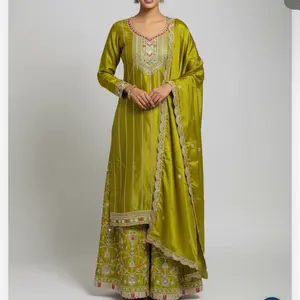 Mint sarara heavy embroidery work party wear chinnon plazo  Womenswear