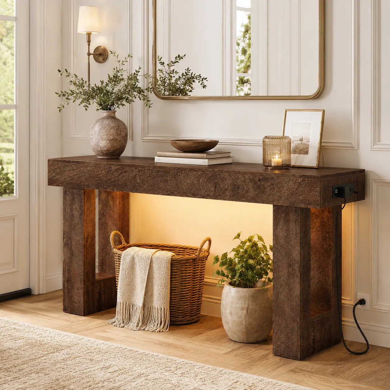 63'' Farmhouse Console Table with Power Outlets & Motion Sensor Light, Wooden Entryway Rectangular Sofa Table with Storage for Living Room, Hallway & Entryway entryway table