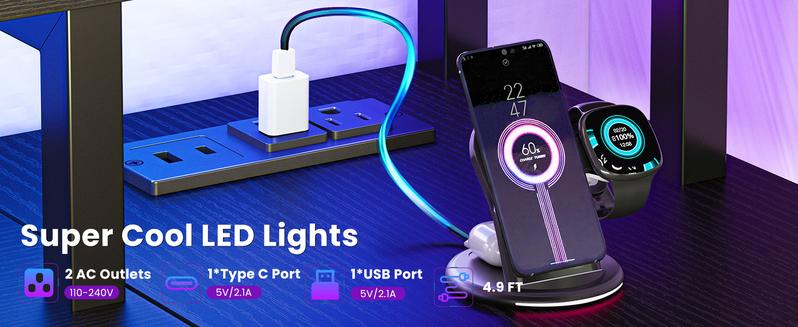 L Shaped Gaming Desk,LED & 6 Outlet Charging Station,Double Layer Computer Desk With Monitor Stand And CPU Rack