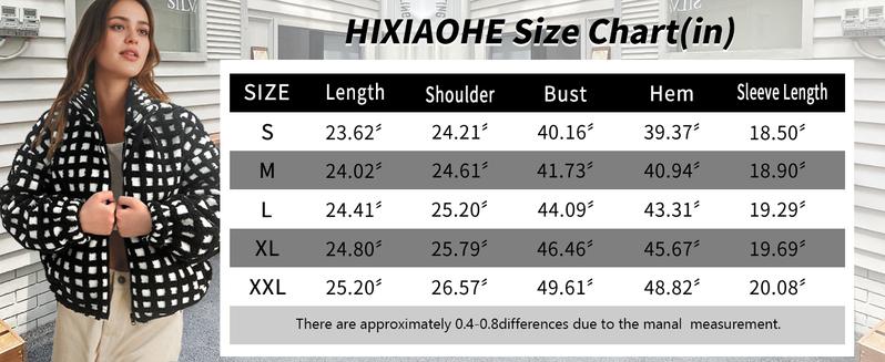 Hixiaohe Womens Checkered Sherpa Jacket Cropped Long Sleeve Plaid Fleece Coats Casual Zip Up Gingham Outwear with Pockets