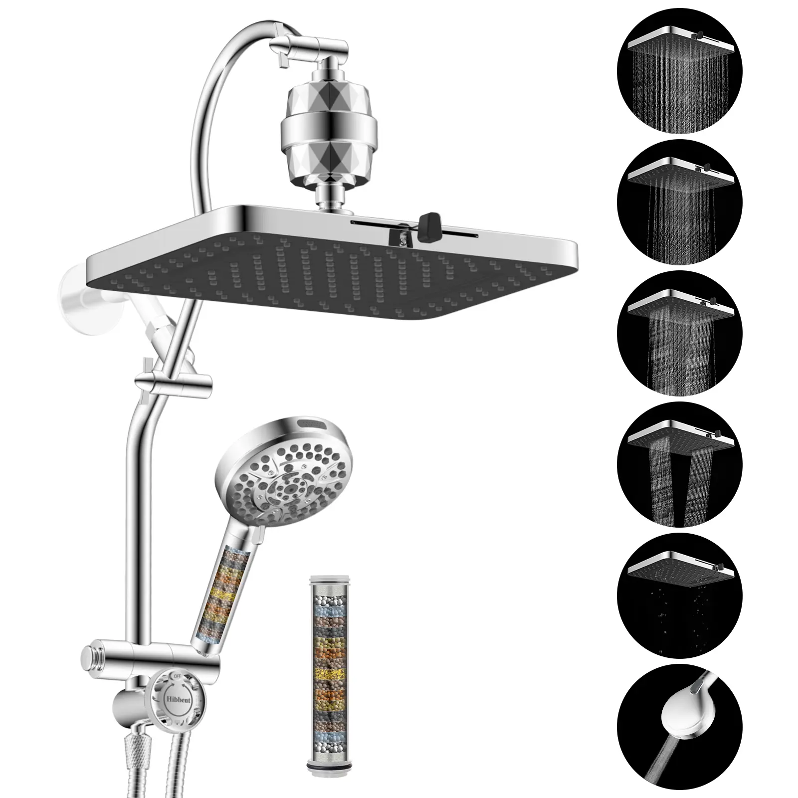 Hibbent Upgraded 13'' Dual Filtered Rainfall Shower Head Combo, High Pressure Handheld Shower Head with 16'' Adjustable Extension Arm, 20 Stage Shower Filter, 10-spray, 71'' Shower Hose,home essentials