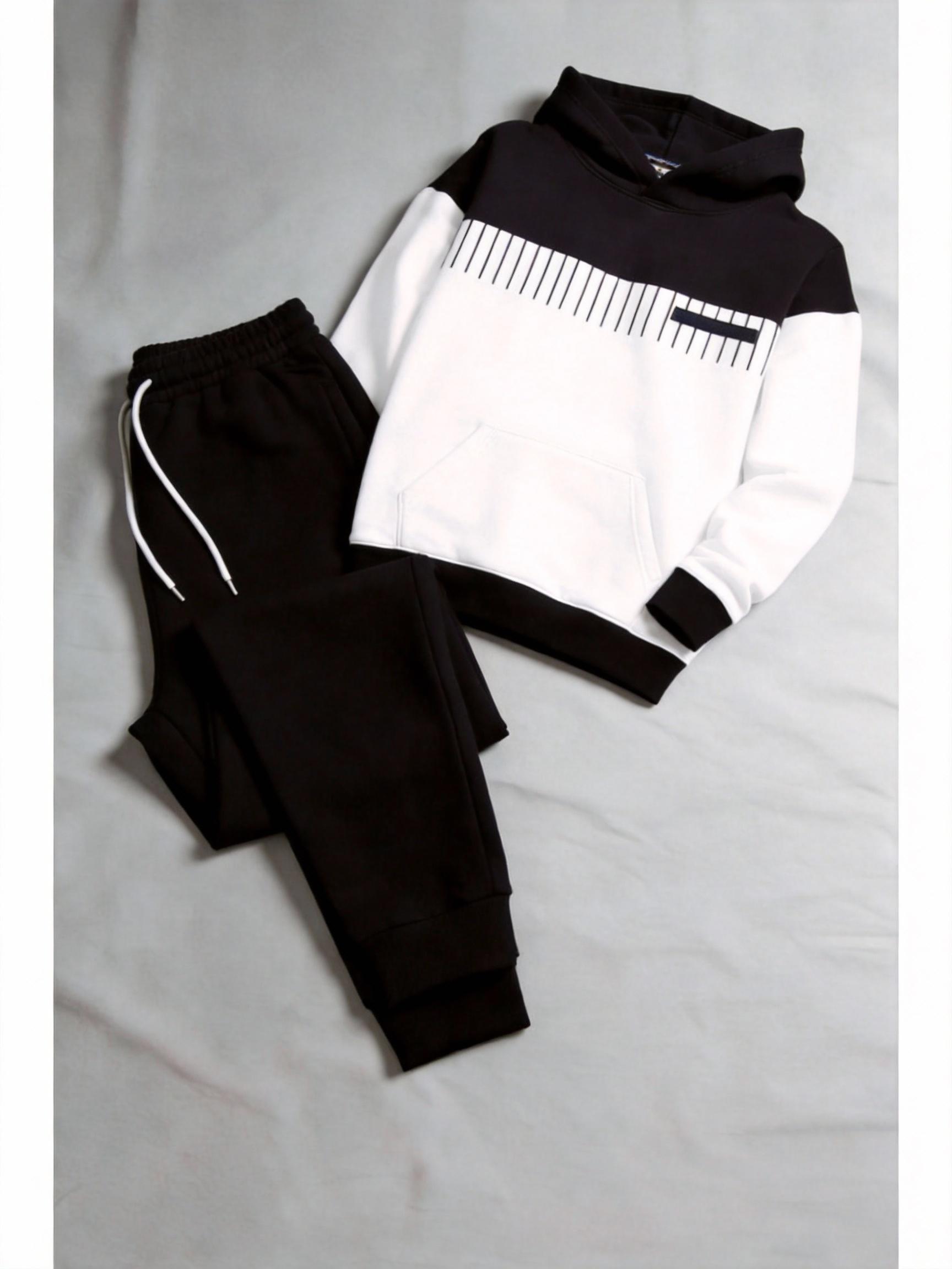 Business Fashion Leisure Set Simple Versatile Hoodie Set Clothes Menswear Long Sleeve Suits 25115 Gamis Wetsuit Black White Color Block Trousers