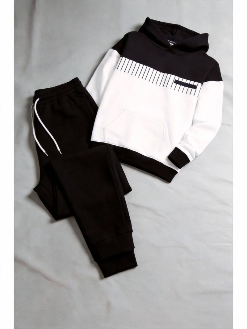 Business Fashion Leisure Set Simple Versatile Hoodie Set Clothes Menswear Long Sleeve Suits 25115 Gamis Wetsuit Black White Color Block Trousers