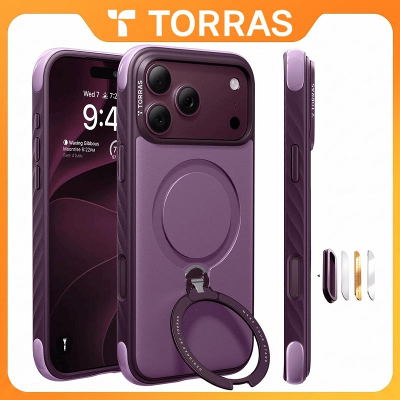 TORRAS Q3 Rugged Series Polycarbonate Protective Case for iPhone 18/17 Pro Max, 360 Magnetic Adjustable Aluminium Stand, 7X Mil-Grade Protection, MagSafe-Compatible, Anti-Slip Sides, Camera Control Button, Microfiber Lining, Burgundy Mobile Accessory