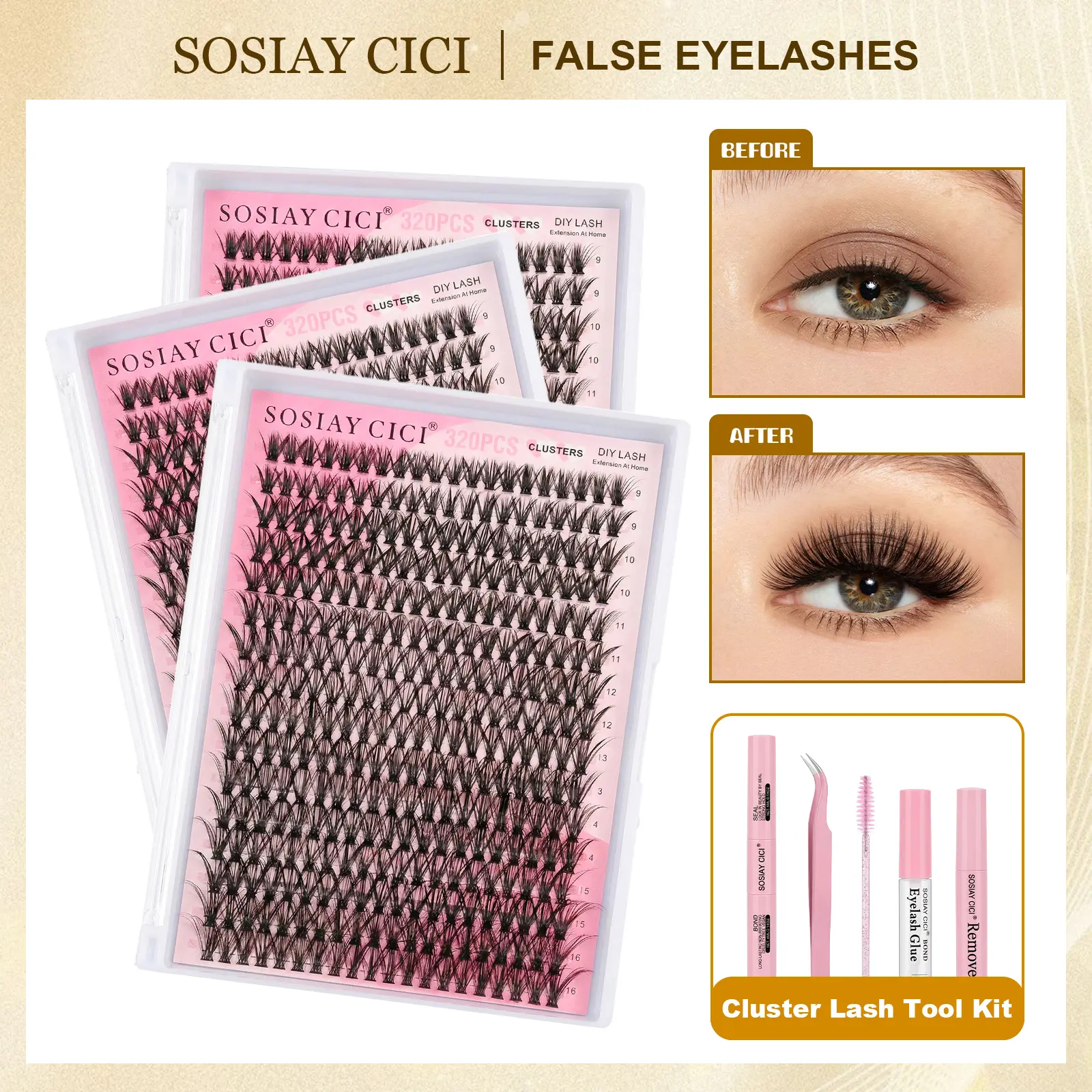 Lash Clusters Kit 320Pcs, 40D Eyelash Extension Kit, Lash Bond and Seal Waterproof, Lash Remover for Individual Cluster Lashes Kit, Lash Applicator Tool for DIY Lash Extension Kit (D-Mix 9-16mm Kit) with One Clear Glue Free(Better Effection)
