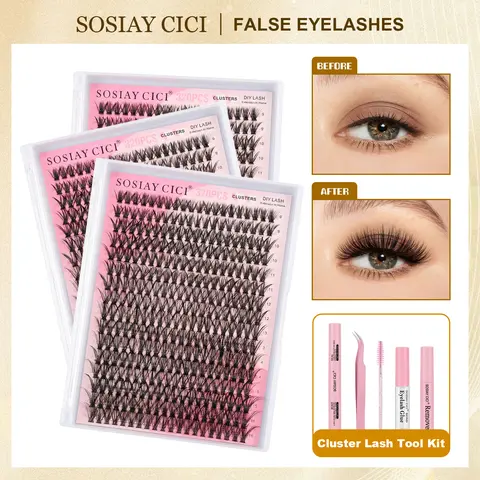 SOSIAY CICI Eyelashes Clusters Kit - 320Pcs 40D D-Mix 9-16mm Thick Curl Pre-Packed Cosmetic Lash Extensions, Hypoallergenic Gentle Sensitive Formula, Waterproof Bond & Seal, Remover, Applicator, DIY Tool, Bonus Glue for Daily Dramatic Lashes
