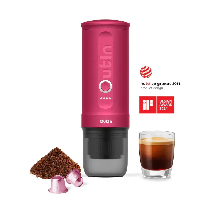 Outin Nano Portable Espresso Machine (Crimson Red) - Self-Heating 12V/24V 20 Bar Stainless Steel Lightweight Compact Fast Brew Mini Car Coffee Equipment, Compatible with NS Capsules & Ground Coffee, Mini Size