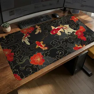 Fish-shaped desk mat, XXL gaming mouse pad, abstract black, red, and yellow mouse pad, keyboard and mouse extender, office computer setup.