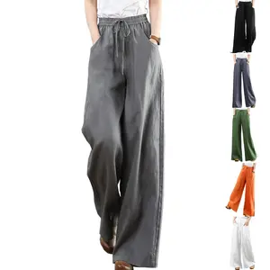 SCUSTY Womens Casual Cotton Linen Wide Leg Pants Drawstring High Waist Lounge Trousers Palazzo Pants for Women with Pockets