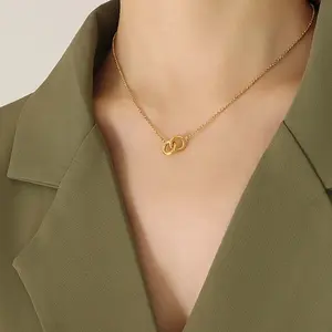 Interlocking Pendant Necklace Double Ring Golden Collarbone Chain Women's Jewelry