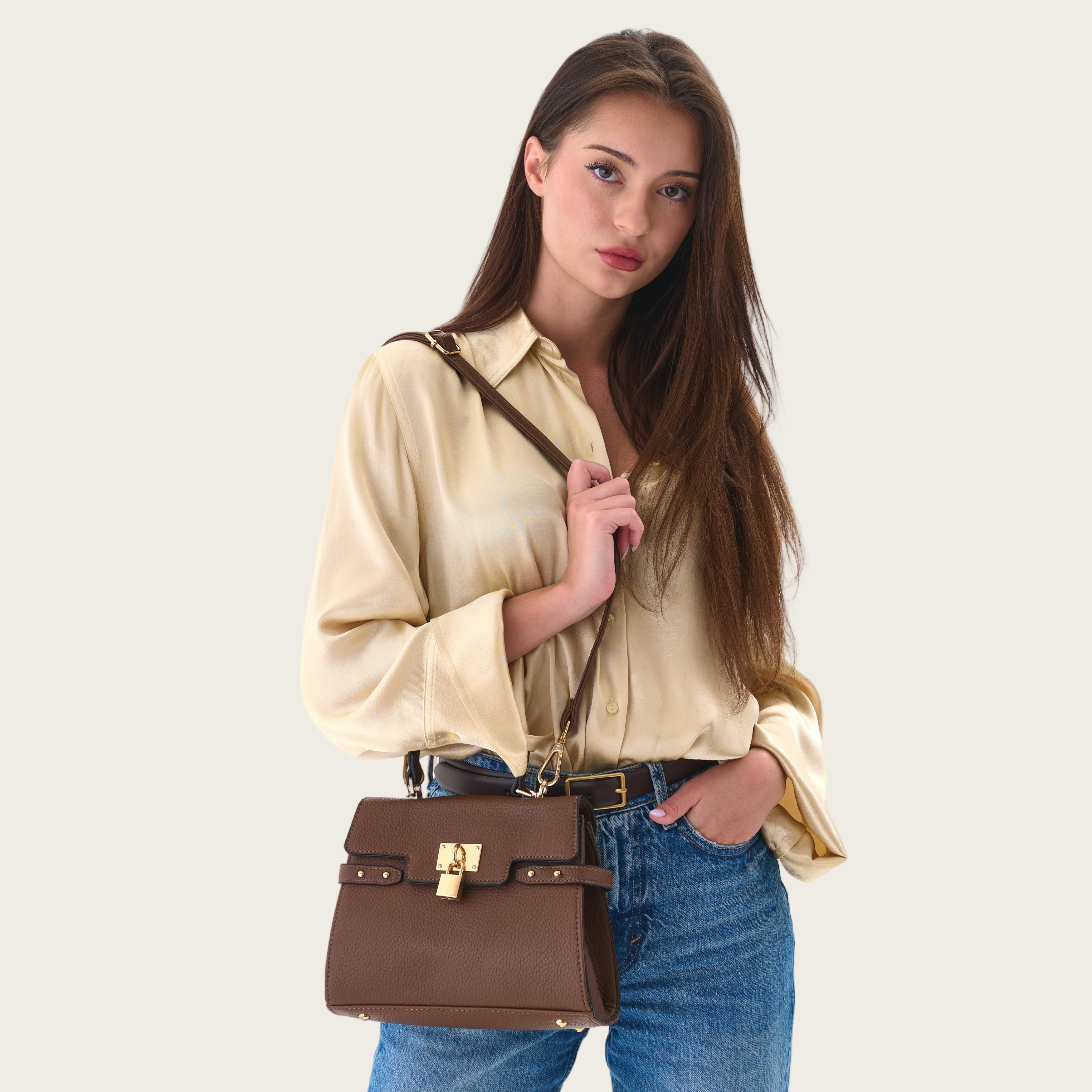 Women’s Multi-Color Elegant Textured Zipper Shoulder Bag – Structured Vegan Leather Top Handle Purse with Gold Lock Closure, Adjustable Strap, and Spacious Capacity for Everyday Use