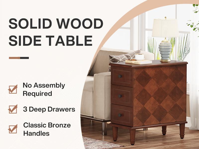 LITTLE TREE Solid Wood End Table, Fully Assembled Narrow Side Table with Drawers, Pre-Assembled Nightstand Slim Bedside Table for Small Spaces, Living Room, Bedroom, Brown LITTLE TREE Solid Wood End Table, Fully Assembled Narrow Side Table with Drawers, Pre-Assembled Nightstand Slim Bedside Table for Small Spaces, Living Room, Bedroom, Brown