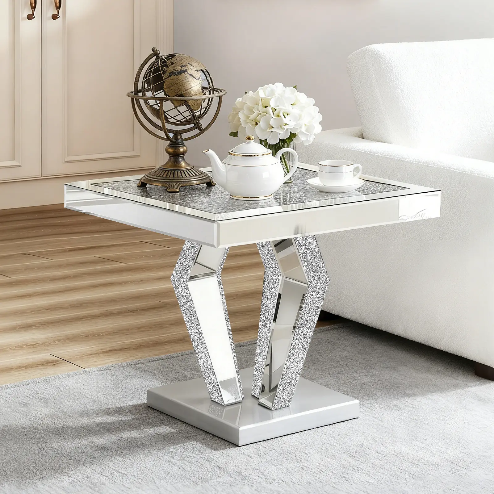 Silver Mirrored Crystal Inlay End Table - Durable Fully Assembled 23x23in Square Scratch-Proof HD Glass Side/Coffee Table with Storage Box for Living Room, Bedroom (24in H)