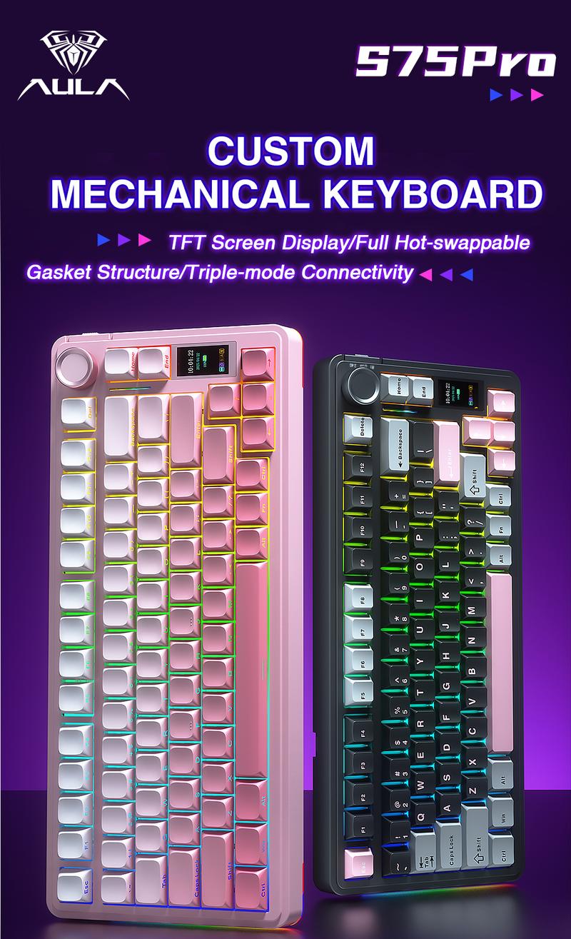 [NEW]Aula S75 Pro Wireless Mechanical Gaming Keyboard with TFT Screen Knob Custom Creamy keyboard Gasket 75% Layout RGB Backlight Hot Swappable for Office PC Mac Linux Gradient Black TikTokshopBlackFriday