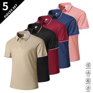 Pack of 5 striped color-block collared shirts with three-button placket; breathable casual shirt with a lightweight, airy, quick-drying design; short-sleeve business top; casual lifestyle style