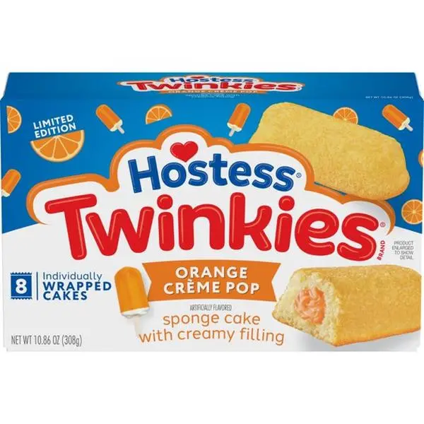Hostess Twinkies, Golden Sponge Cakes with Orange Crème Pop Artificially Flavored Filling, 10.86 oz Box (8 Pouches)