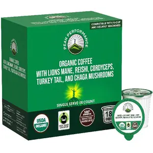 Organic Mushroom Coffee Pods with Lion's Mane, Reishi, Cordyceps, Turkey Tail, and Chaga Mushrooms. High Altitude, Low Acid, Smooth Tasting, Fair Trade, Instant Nootropic Coffee (Medium Roast Ground)