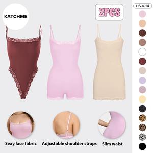 KatchMe Lace Series Women's Spaghetti Strap Lace Trim Breathable Quick-Drying Flexible Bodysuit, Chic Lightweight High Stretch Playsuit, Seamless Basic Skin-Friendly Nightdress
