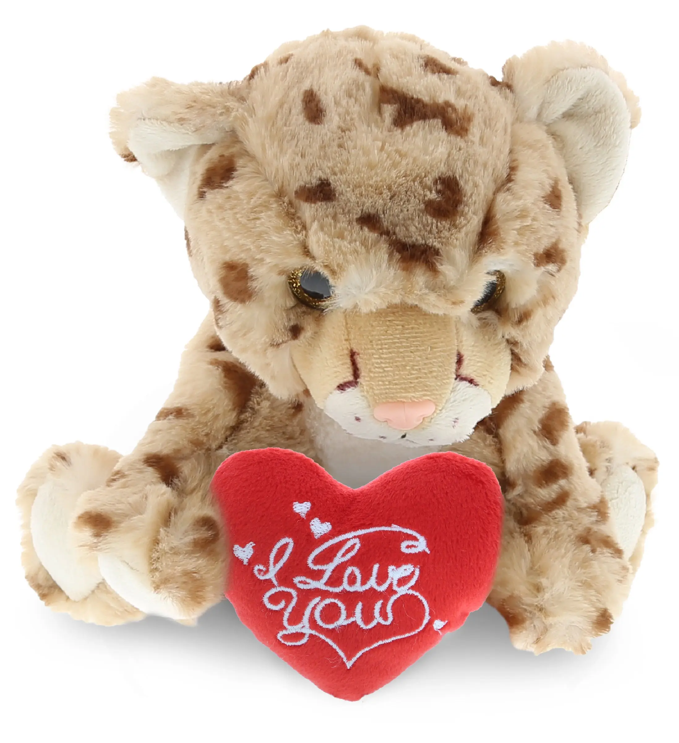 DOLLIBU 8.5 in Squat Cheetah Stuffed Toy - Soft Adorable Stuffed, Red Heart "I Love You" Design, Super Soft Plush, Valentine Ready Love Gifts for Boyfriend