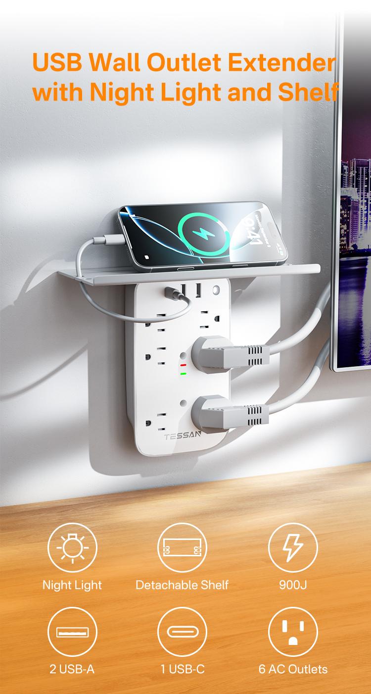 Tessan Wall Outlet Extender with Shelf Night Light Multi Plug Outlets USB Charger 6 AC 2 USB Ports 1 USB C for Home Office