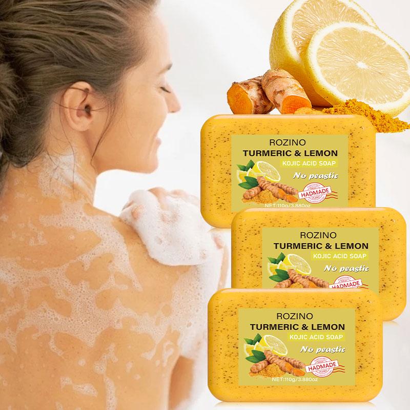 ROZINO Turmeric & Lemon Soap Bars - Natural KOJIC Acid Soap for Daily Grooming - 15 Bars in Convenient Pack