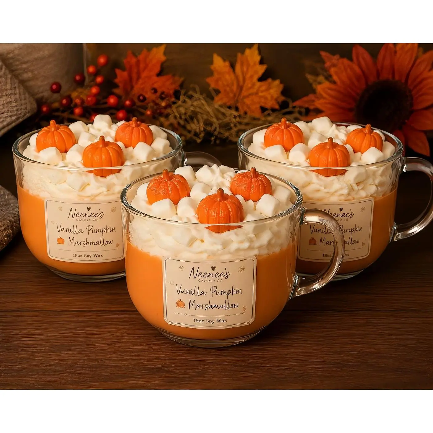 Neenee's Candle Co. Vanilla Pumpkin Marshmallow Mug Candle 18 oz Premium Soy Wax Wickless with Whipped Wax Topping & Handmade Embeds for Fall Décor soy candle soy