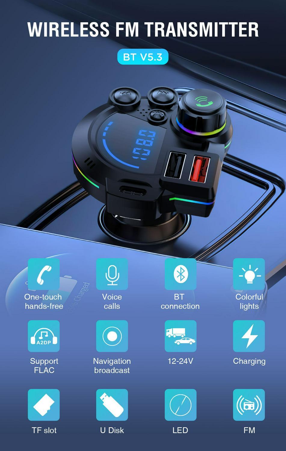 Latest In-car Bluetooth Car Charger MP3 Player with Dual USB Plugs Hands-free Calling & Colorful LED Lights Super Fast Charging Latest In-car Bluetooth Car Charger MP3 Player with Dual USB Plugs Hands-free Calling & Colorful LED Lights Super Fast Charging