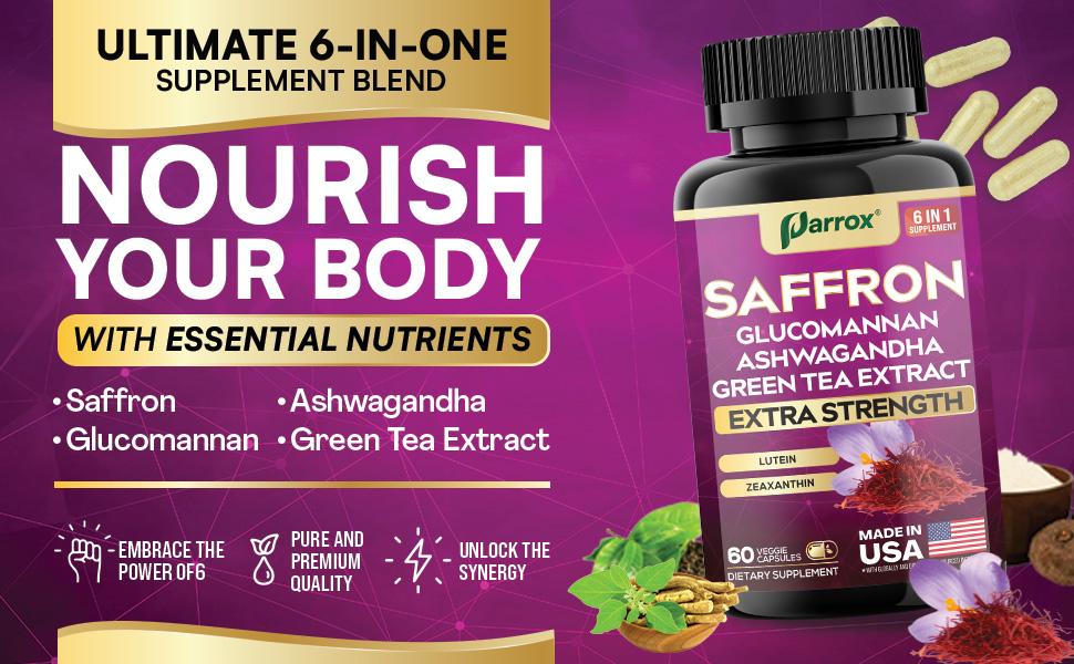 Parrox Saffron (6 in 1) Dietary Supplement - Mood, Vision & Wellness Support with Glucomannan, Ashwagandha, Lutein & Antioxidants - 60 Capsules - Made in USA Parrox Saffron (6 in 1) Dietary Supplement - Mood, Vision & Wellness Support with Glucomannan, Ashwagandha, Lutein & Antioxidants - 60 Capsules - Made in USA