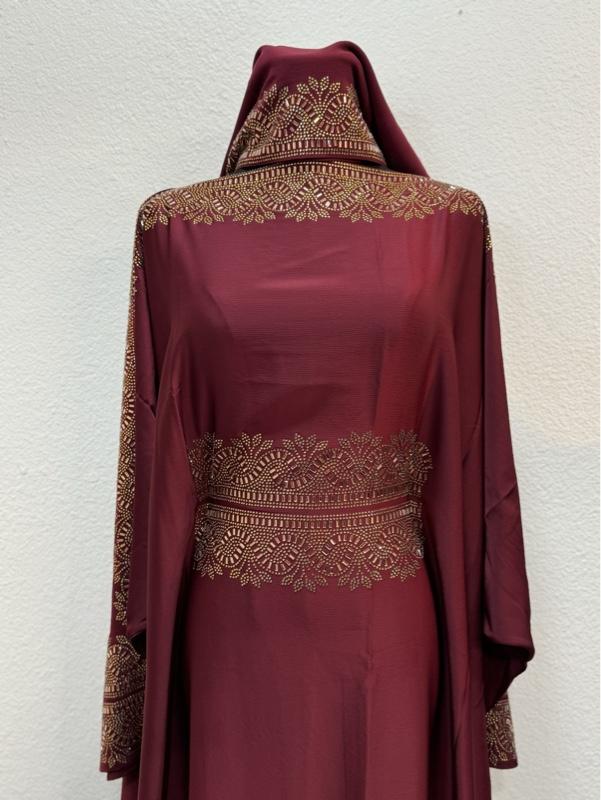 Butterfly Style Dubai Abaya - Maroon Color with Intricate Gold Embroidery Design