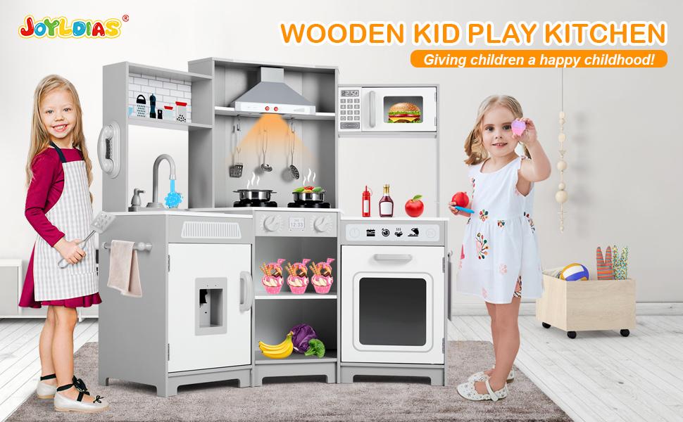 Kids Play Kitchen Set - Corner Wooden Pretend Toddler Kitchen Toys Playset with Realistic Lights & Sounds Microwave Oven Water Dispenser Phone Sink Cooking Accessories for Toddlers Ages 3+