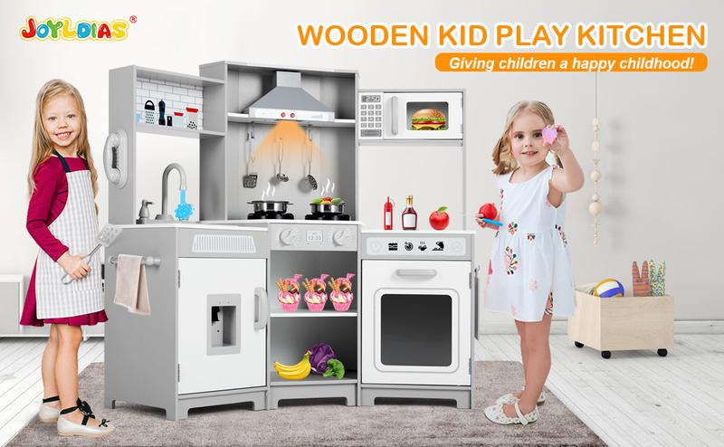 Kids Play Kitchen Set - Corner Wooden Pretend Toddler Kitchen Toys Playset with Realistic Lights & Sounds Microwave Oven Water Dispenser Phone Sink Cooking Accessories for Toddlers Ages 3+