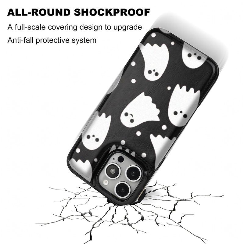 Halloween cute ghost Aesthetic Design Pattern Casing For iphone 16 15 14 13 12 Plus Pro Max Flaunt Mobile Phone Case TPU Pu Leather Card Holder Drop Protection Shockproof Protector Vintage unique Fashion Trend Anti-scratch Stylish Smartphone Cover