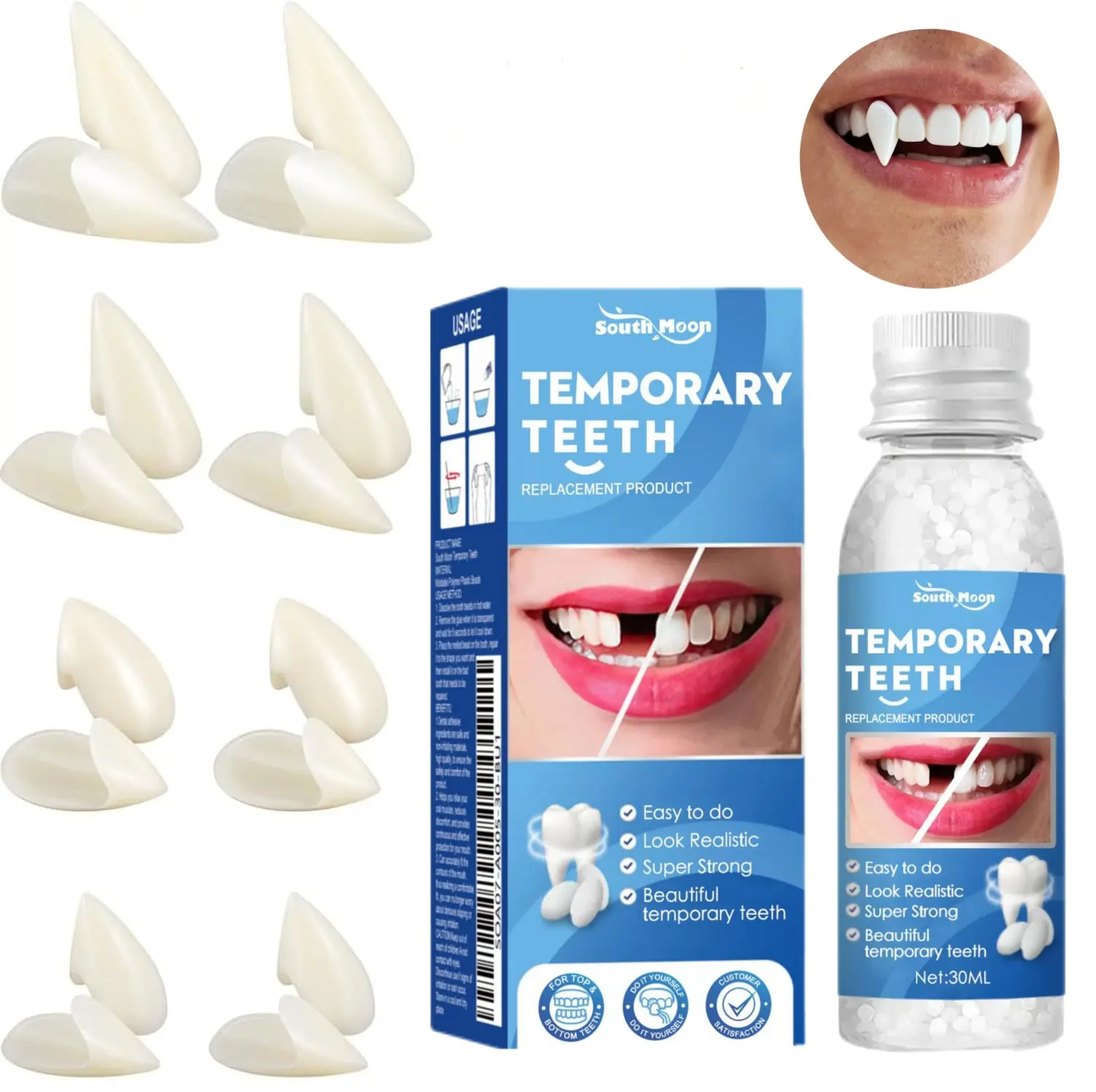 Reusable Vampire Fangs Teeth Kit - 4 Pairs Lightweight White False Teeth with Adhesive, DIY Halloween Cosplay Props for Adults, Gothic Party Box Favors for Cosplayers, Polyresin