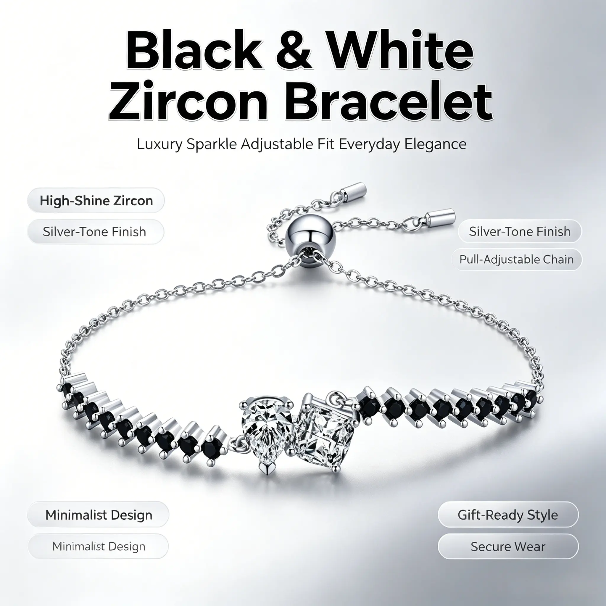 Women's Minimalist Black Zircon Inlay Round Bangles - Elegant Gemstone High-Shine Jewelry, Anniversary Gift-Ready Elegant Diamond Bracelet