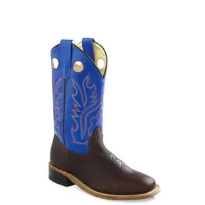 Old West Blue Youth Boys Carona Leather Broad Square Toe Cowboy Boots