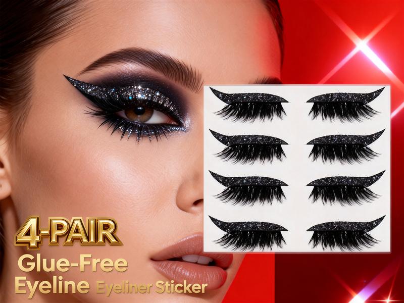 Buy 1 Get 1 Free Glue-Free Self-Adhesive Eyelashes 4 Pairs Curly 3D Volume False Lashes Reusable Eyeliner Sticker Black Daily Cosmetic Essentials Set