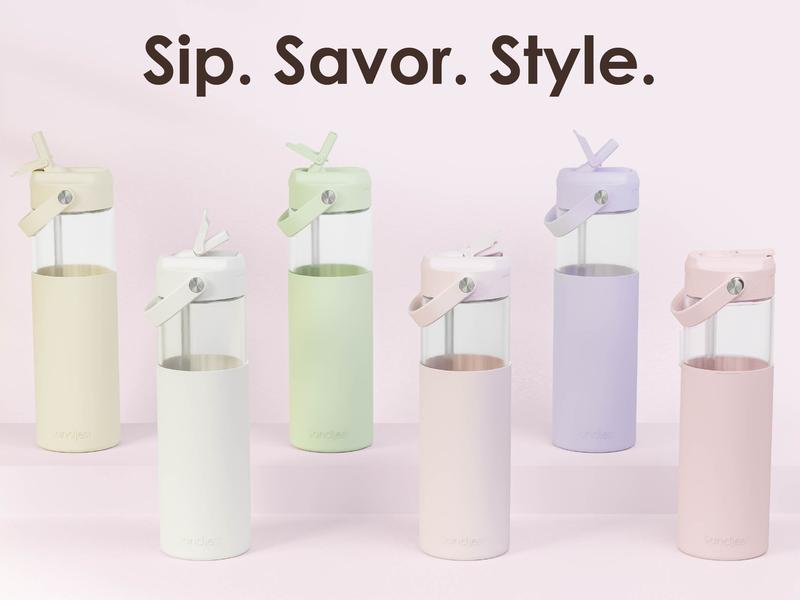 Sandjest Glass Water Bottle 20oz with Silicone Sleeve and Straw Lid, Reusable Portable Drinking Bottle for Home Office Travel Gym Sport Christmas Gift