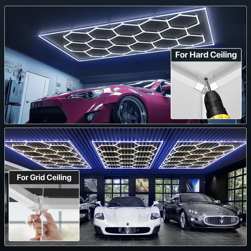 HYPERLITE All-New Creative Design 624W Hexagon DIY LED Garage Light 62400LM Honeycomb Ceiling Lighting System with Colorful Outer Frame 15-Grid DIY Plug-in Setup for Car Detailing Shops Basements Warehouses SpringGlowUp Upgraded Build