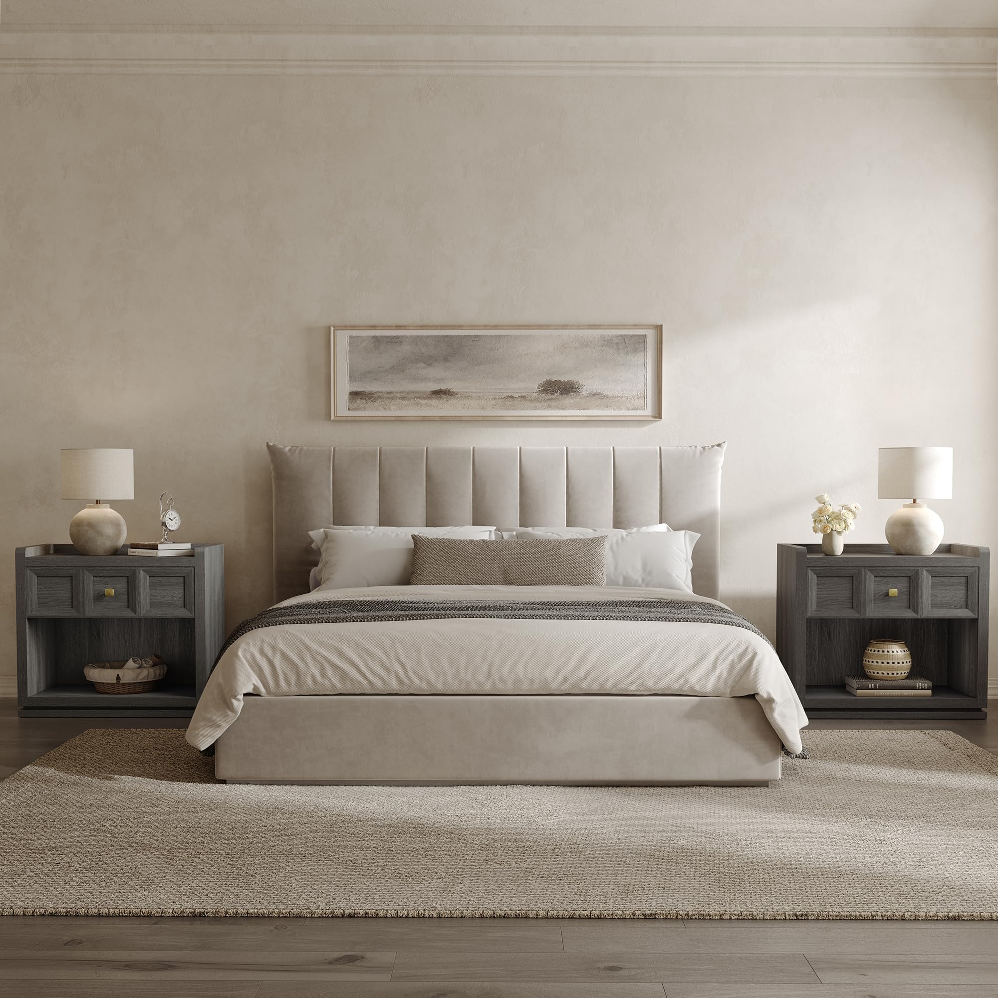 SICOTAS 31" and 26” Wide Nightstands Set of 2, Large Night Stands with Drawer, Oversized King Size Nightstand Bedside Table for Bedroom, Farmhouse End Side Table Set of 2 with Round Corners,Grey White Oak,Durable and Sturdy