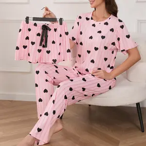 Women’s Summer Fashion Heart Print Three-Piece Pajama Set – Soft and Lightweight Crew Neck Short-Sleeve T-Shirt + Shorts + Long Pants with Elastic Waistband, Bow Decoration, Casual Loungewear Homewear