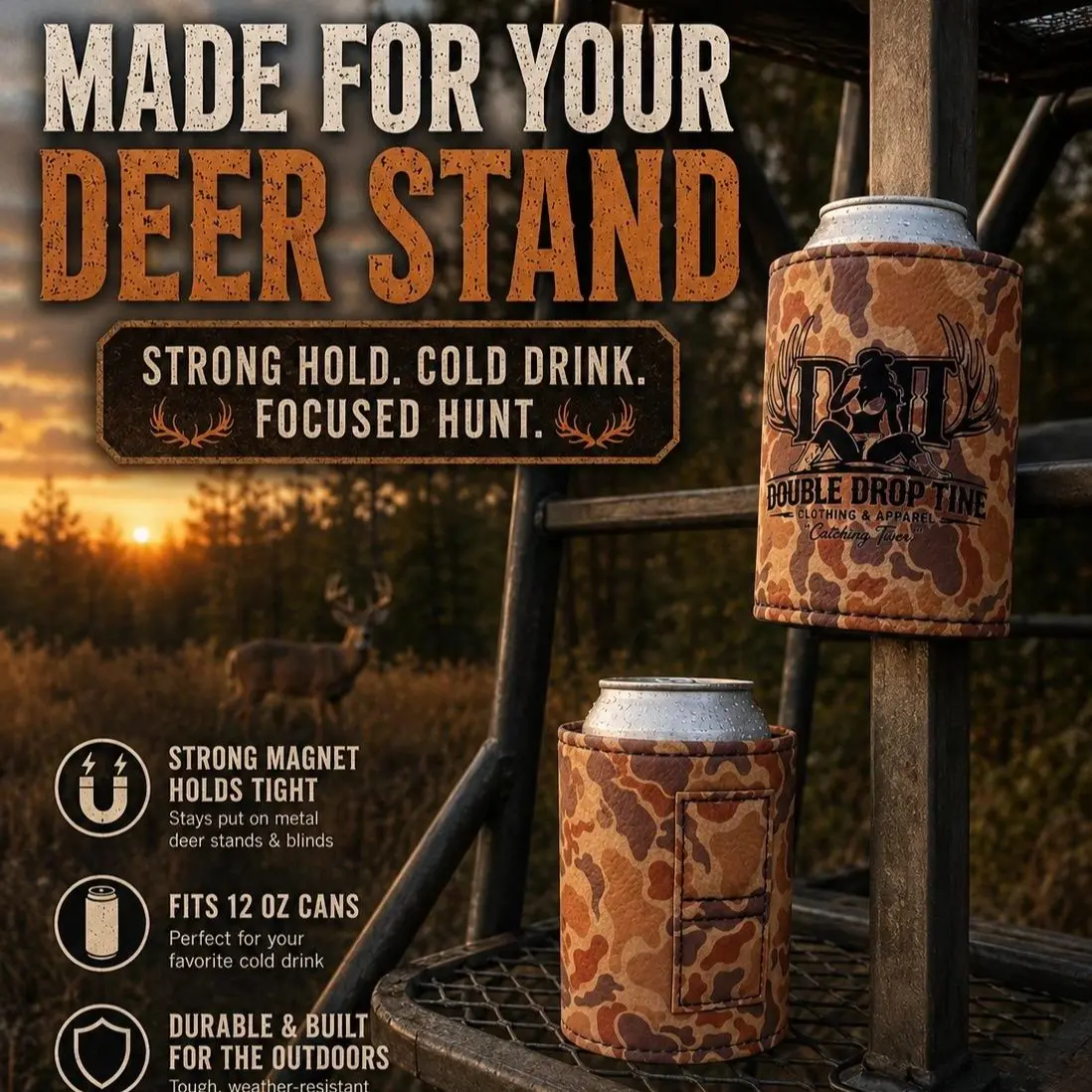 Leather Deer Theme Magnetic Koozie, Double Drop Tine Design, Strong Magnet Hold, Durable Outdoor Use for 12oz Cans, Drinkware Accessory, Outdoors