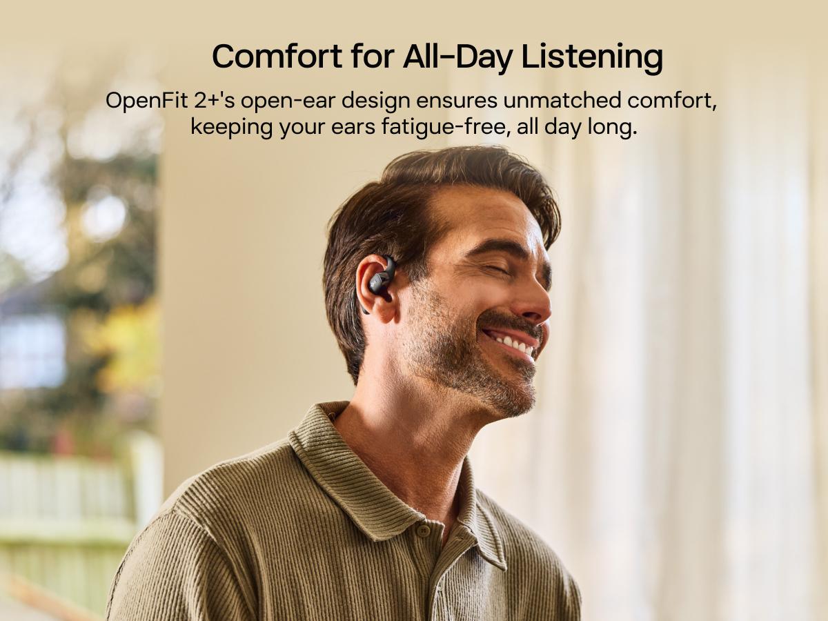 SHOKZ New OpenFit 2+ Open-Ear Headphones, Dolby Audio Enabled, Comfortable Earbuds with Soft Ear Hooks, 48H Playtime, IP55 Water-Resistant, USB-C Fast Charging, Wireless Charging
