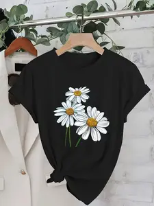 Women'S Casual Black Daisy Print T-Shirt - Short Sleeve, Round Neck, Lightweight Polyester, Spring/Summer Fashion Top with White Daisies and Green Leaves Design, Ladies T Shirts
