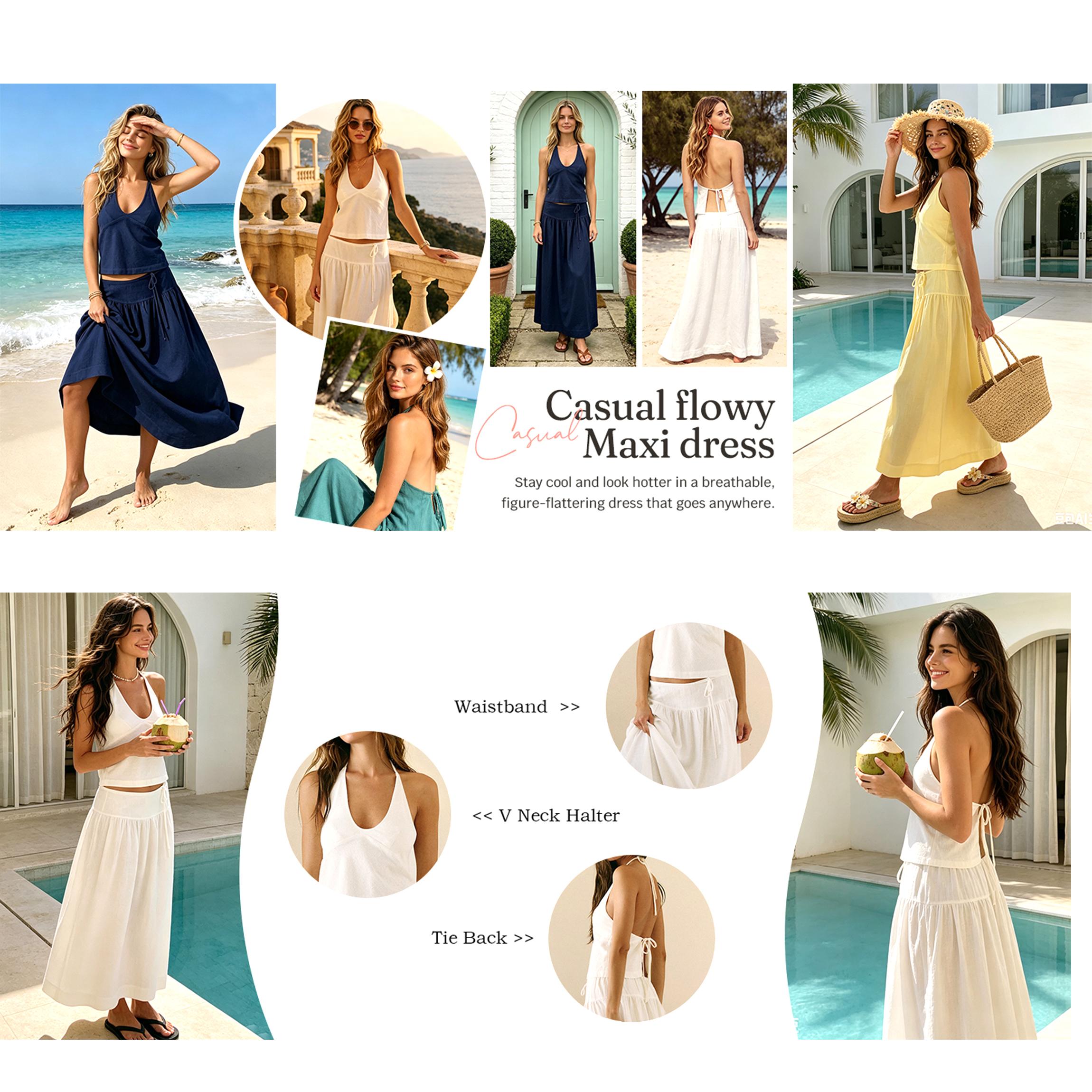 Buenoble Sandshell Linen Skirt Set Women’s 2 Piece Halter Top Flowy Maxi Skirt, Backless Summer Outfit, Beach Vacation Resort Matching Set